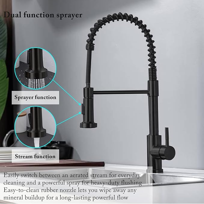Kitchen Faucet with Pull Down Sprayer, Spring Single Handle Kitchen Sink Faucets Modern Black Pull-Out Spring Stainless Steel Kitchen Faucets for Camper Farmhouse RV Bar Kitchen Sinks