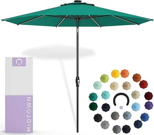Midtown Umbrellas The LED Swilt 10 Feet Patio Umbrella With Sunbrella Canvas Teal Acrylic Fabric - Auto-Tilt Aluminum Frame With LED Lights For Backyard, Deck, Garden, Pool - Black Pole