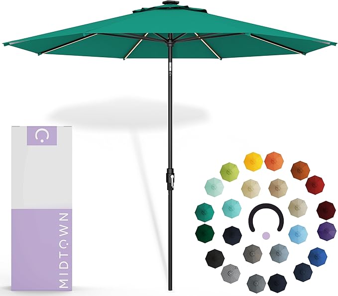 Midtown Umbrellas Led Swilt Sunbrella Umbrella, 8 Foot Patio Umbrella In Sunbrella Canvas Teal Acrylic Fabric - Deck Patio Umbrella, Backyard Umbrella, Garden Umbrella & Pool Umbrella - Black Pole