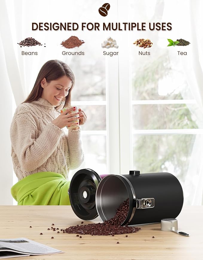 HAIOOU Large Coffee Canister, 38OZ Oversized Stainless Steel Coffee Bean Storage Container with Date Tracker, Measuring Scoop, CO2 Releasing Valves for Beans, Grounds and more - Black