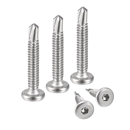 uxcell Hex Socket Self Tapping Screws, #10 x 1-3/8" 410 Stainless Steel Sheet Metal Flat Head Drilling Screw 50pcs, Silver