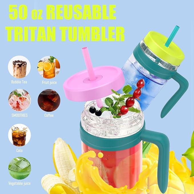 Tronco 50 oz Tritan Plastic Tumbler with Lid and Straw, BPA-Free Reusable Clear Water Bottle with Time Marker, 100% Leak Proof & Wide Mouth for Iced Coffee, Juice, Bubble Tea, Smoothies