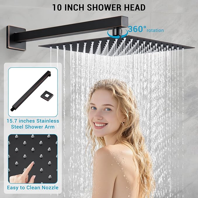 Shower Faucet Set, Wall Mount 10 Inch Round Rainfall Shower Head and Handle Set Single Handle Shower System Set with Female Threads Valve Body and Trim Included (Oil Rubbed Bronze)