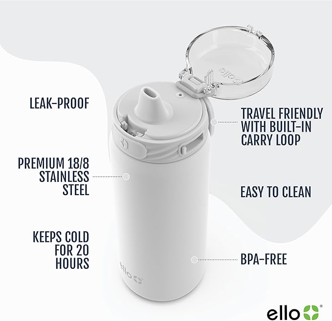 Ello Cooper 18oz Kids Stainless Steel Water Bottle with Straw and Carry Handle, Double Walled and Vacuum Insulated Metal, Leak Proof Locking Lid with Soft Silicone Spout, Reusable, BPA Free, White