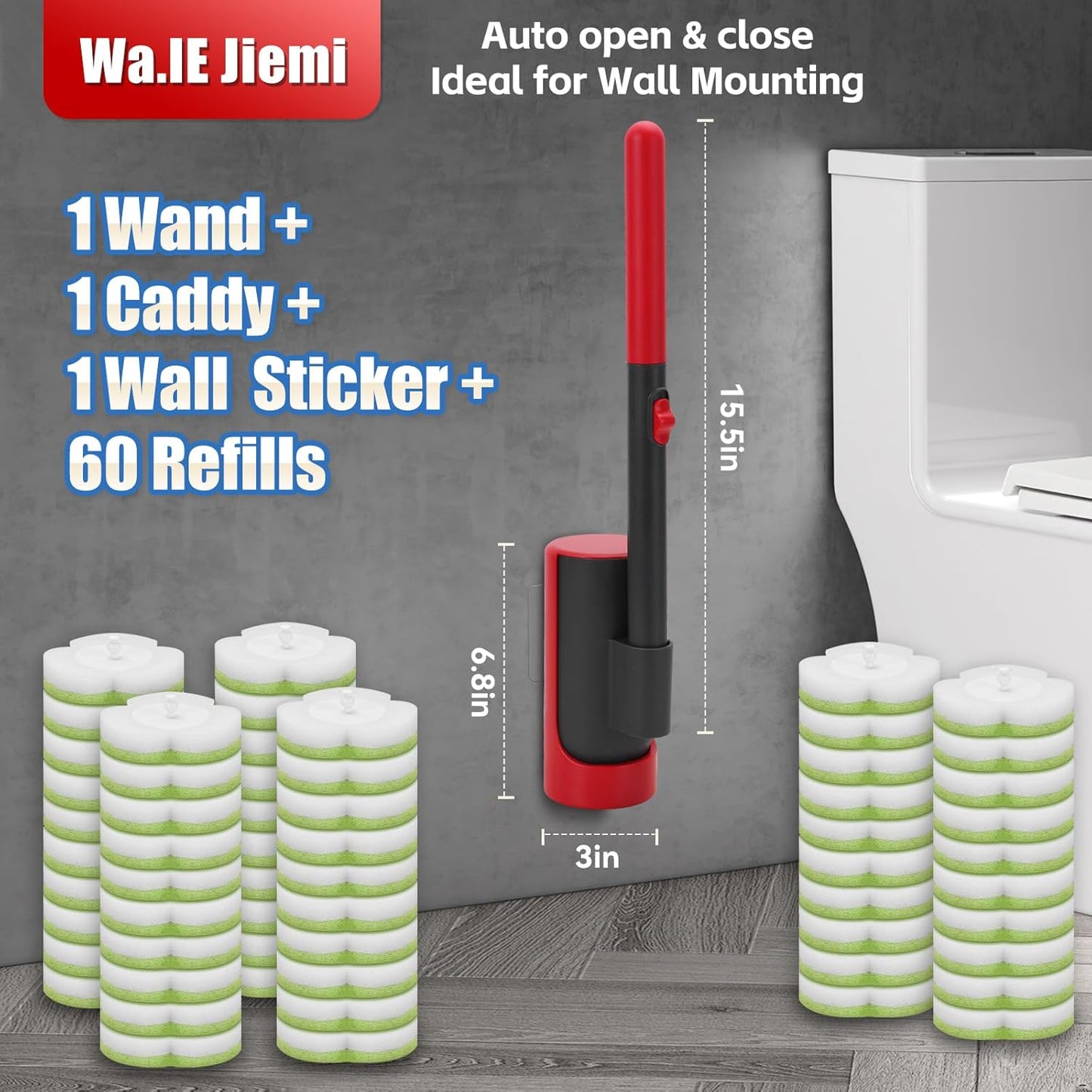 Disposable Toilet Brush Cleaning System with Wand Cleaner Refills,Toilet Cleaning Stick,Wall Mounted Toilet Wand Kit,60 Disposable Toilet Bowl Brush for Sink Bathtub Wash Basin (Green)