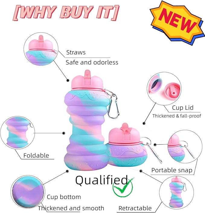 Collapsible Water Bottles，Foldable Sport Cups，Leak Proof Reusable Bpa Free Water Bottles，21oz Mixed Colors Design，for Outdoor, Travel Gym Hiking Pink