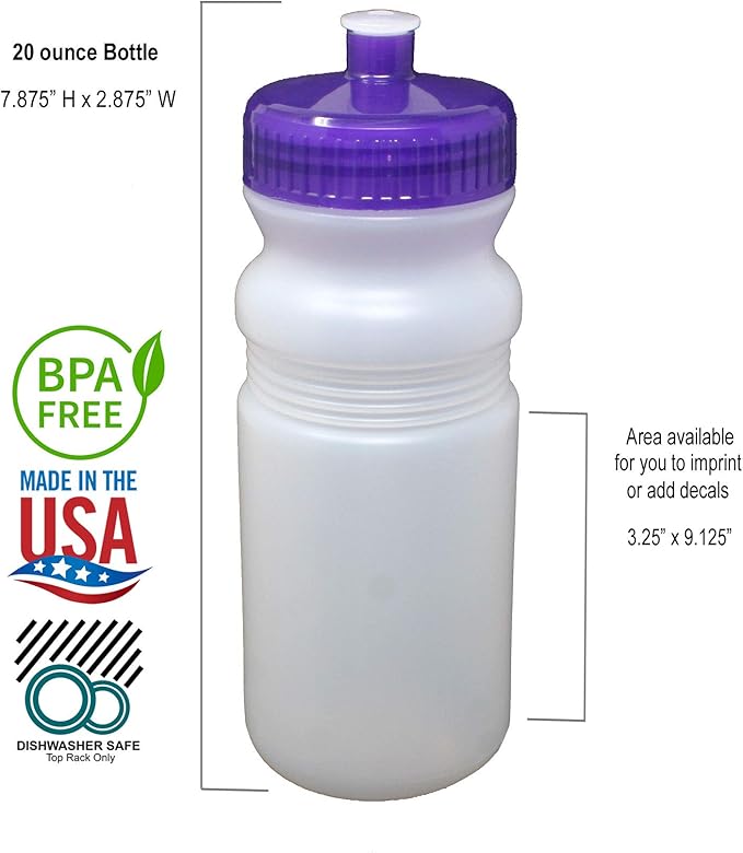 Rolling Sands 20 Ounce Sports Water Bottles 6 Pack, BPA-Free, Made In USA, Dishwasher Safe, Clear Frost Bottles/Variety