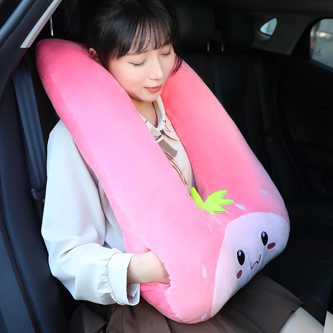 Kids Travel Pillow for Car Seat with Hand Muff, Cartoon Neck & Headrest Seat Belt Pillow for Car Road Trips Long-Distance Travel Sleeping Pillow for Adults and Children, Strawberry