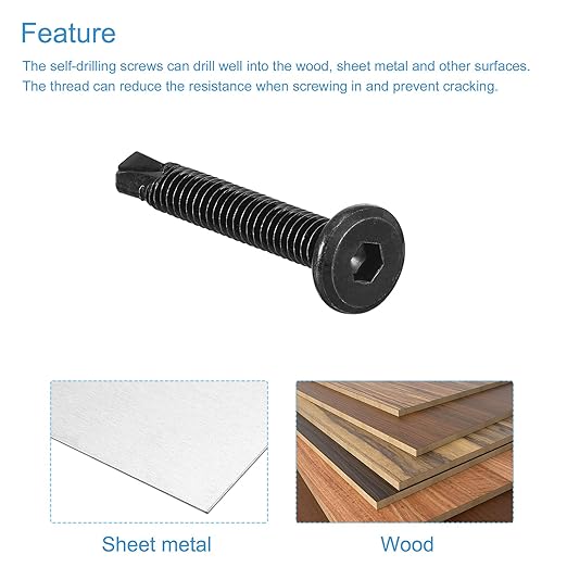 uxcell Hex Socket Self Tapping Screws, 1/4 x 1-5/8" 410 Stainless Steel Sheet Metal Flat Head Drilling Screw 50pcs, Black