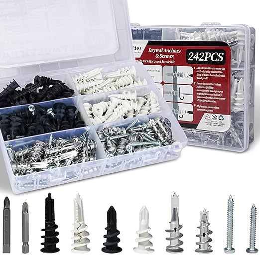 240Pcs #8 Self Drilling Drywall Anchors Kit, Nylon Plastic Hollow Wall Anchors with Screws, No Pre-Drilling Required, Holds Up to 75lbs (120 Anchors + 120 Screws)