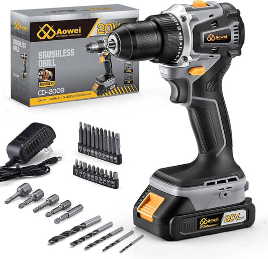 20V Brushless Cordless Lithium-Ion Drill Set, Compact Design, Gray Rechargeable Lithium-Ion Drill Kit, including 2.0Ah Battery, Charger and 3/8-inch Keyless Chuck