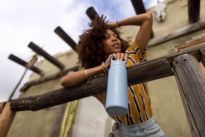 LifeStraw Go Series – Insulated Stainless Steel Water Filter Bottle for Travel and Everyday use removes Bacteria, parasites and microplastics, Improves Taste, 24oz Icelandic Blue