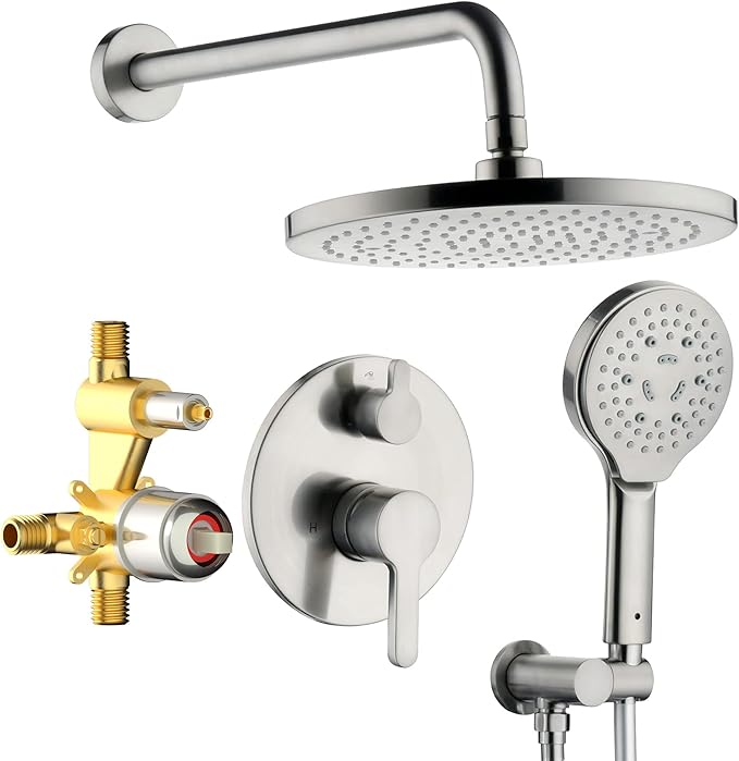Brushed Nickel Shower Faucet Set, Wall Mount Rain Shower System 10 Inches Shower Head and Shower Handheld, Included Rough-in Valve and Trim Kit