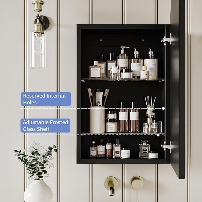 Vintage-Style Bathroom Wood Black Cabinet with 16.5''x24'' Curved Mirror, Recessed Medicine Cabinet, Bathroom Storage Cabinet