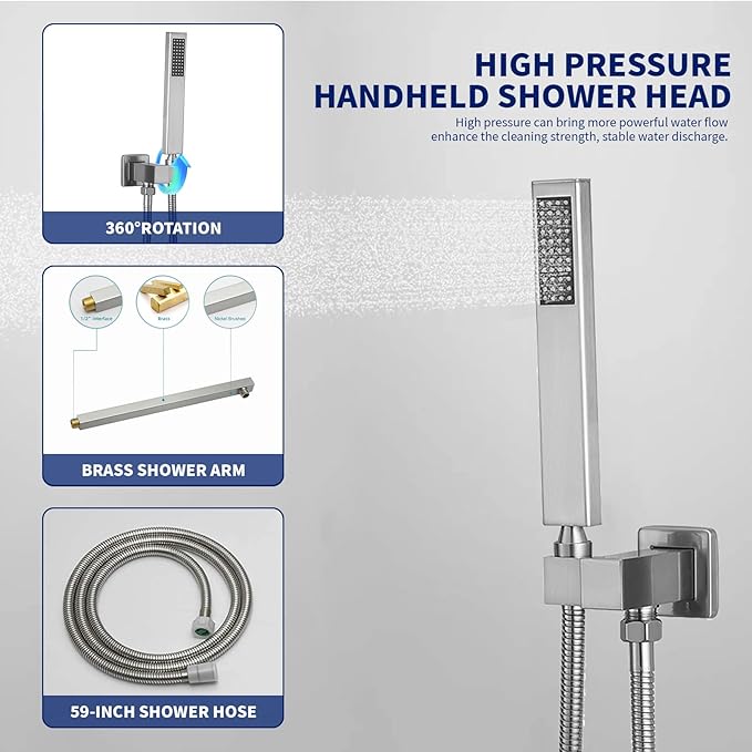 BWE 12 Inch Square Shower Head System 2-Functions Bathroom Luxury Rain Mixer Shower Combo Set Wall Mounted Rainfall Brushed Nickel Shower Faucet Rough-in Valve Body and Trim Included