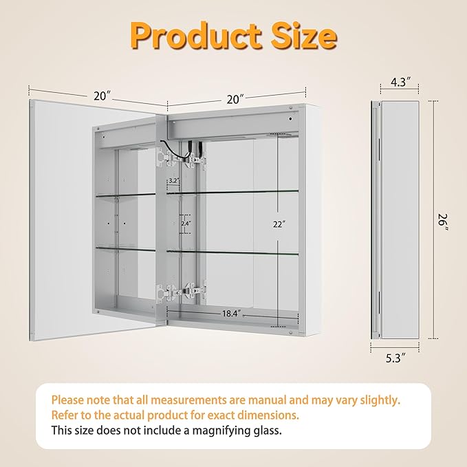 20x26In Medicine Cabinet with Lights, Recessed or Wall Mount LED Medicine Cabinet Mirror for Bathroom, with Defog, 3 Color Temperature & Stepless Dimming, Double Sockets & USBs(Left Door)