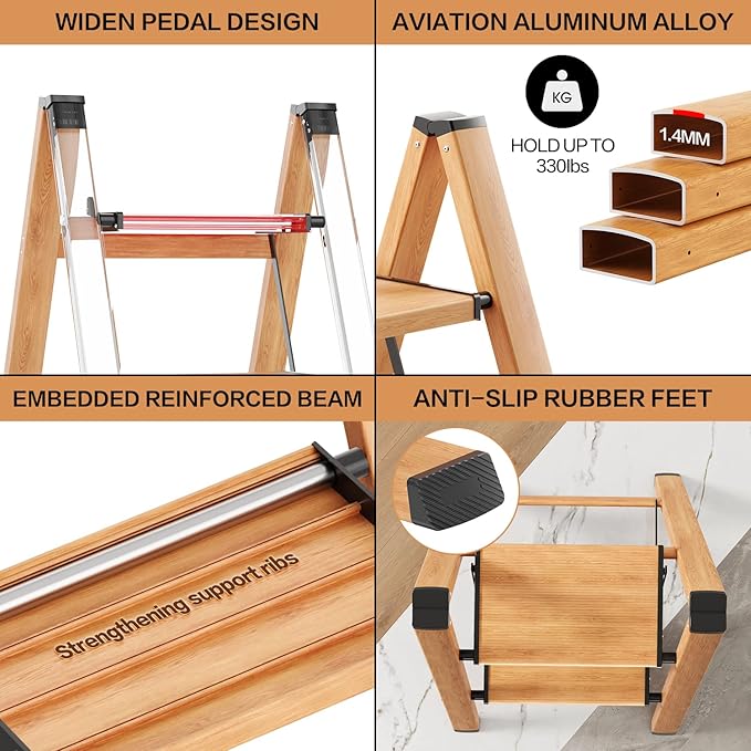 2 Step Ladder, Aluminum Lightweight Folding 2 Step Stool with Anti-Slip Wide Pedal,330lbs Capacity Steel Ladder for Household and Office(Woodgrain)