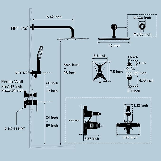 Shower Faucet Set - 12 inches Rain Shower System with 6 Function Handheld Shower Head Rough in Pressure Balance Valve Kit - Stainless Steel Bathroom Shower Kit Complete Brushed Nickel