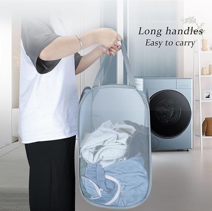 Upgraded 100L Extra Large Collapsible Laundry Baskets, 2 Pack XL Mesh Pop Up Laundry Hamper with Handles, Portable Travel Laundry Basket, Foldable Hamper. Grey. 2V