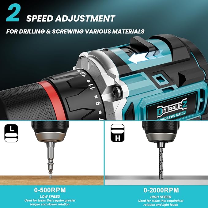 Power Drill Cordless Compatible with Makita 18V Battery,1/2" Brushless Electric Drill Set,440 In-lbs(50N.m) Electric 18V Drills Driver Tool, Variable Speed Mode for Home,Garden(No Battery)
