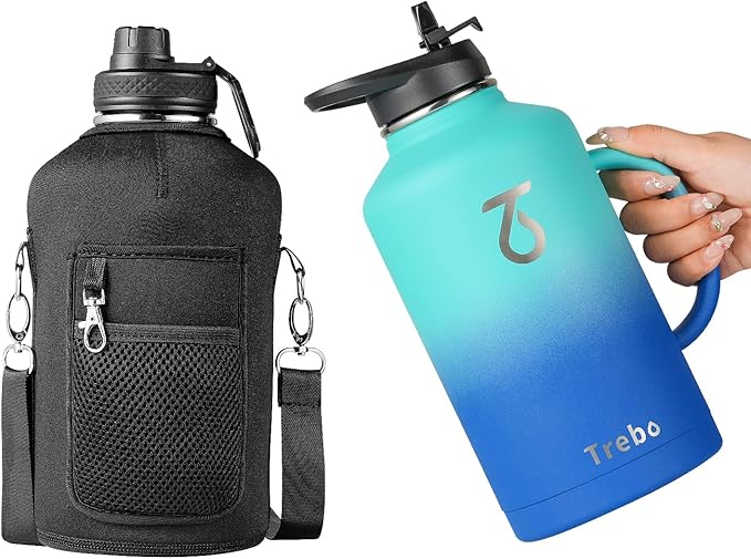Trebo Half Gallon Water Bottle Insulated with Handle, 64 oz Double Wall Stainless Steel Metal Large Jug, Travel Flask with Straw Spout Lid, Mug Tumbler Cup with Carry Pouch, Keep Cold Hot, Blue