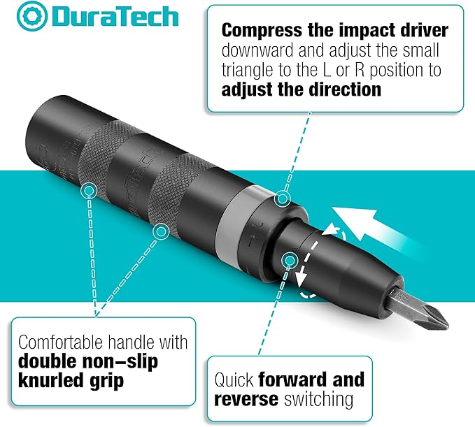 DURATECH 1/2 Inch Hand Impact Driver Set, Manual Reversible Impact Screwdriver Set, S2 Steel Bits, 5-Piece, for Tighten/Loosen Rusted or Frozen Fasteners, Organized in Storage Case