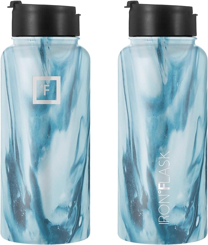 IRON °FLASK Camping & Hiking Hydration Flask, Wide Mouth, 3 Straw Lids, Stainless Steel Outdoor Water Bottle, Double Walled, Insulated Thermos, Metal Canteen - Ocean, 32 Oz