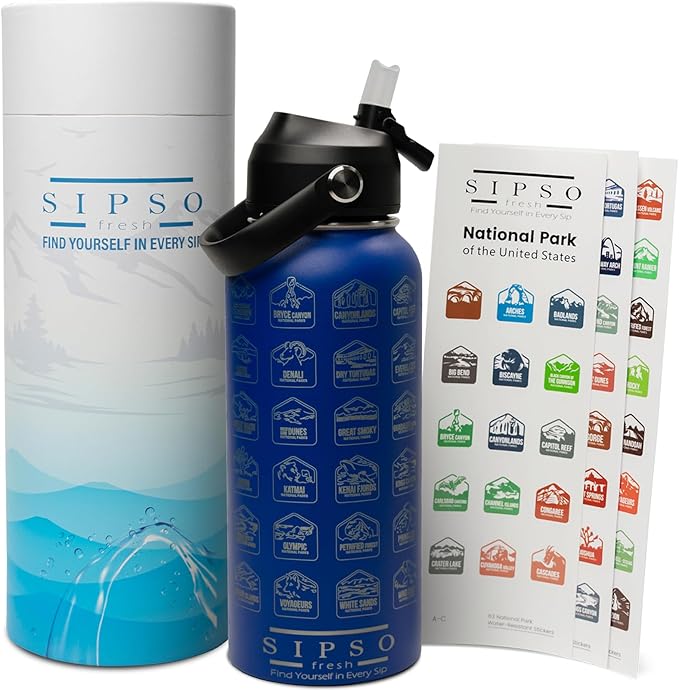 National Parks water bottle with Stickers: Unique 32 oz bottle | Double wall Stainless Steel water bottle | Leak Proof- laser Engraved water Bottle with National Park stickers (Blue)