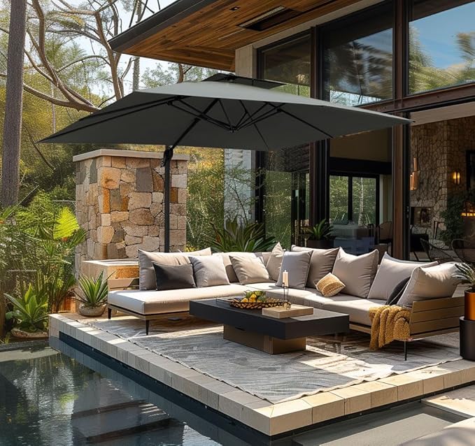 PHI VILLA 9'x 12' Large Patio Umbrella, Outdoor Aluminum Cantilever Umbrella with Double Top Rectanglar Canopy, Windproof Hydraulic Offset Umbrella for Pool, Deck, Garden, Beach, Porch, Grey