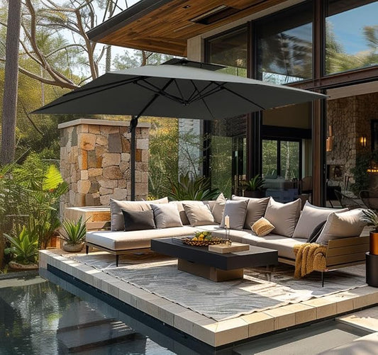 PHI VILLA 9'x 12' Large Patio Umbrella, Outdoor Aluminum Cantilever Umbrella with Double Top Rectanglar Canopy, Windproof Hydraulic Offset Umbrella for Pool, Deck, Garden, Beach, Porch, Grey