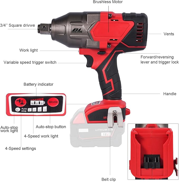 FSYAO 18V 3/4 inch cordless impact wrench-brushless, 1100 ft-lbs(1500Nm) maximum torque, 4-speed adjustment, automatic start and stop.(Main unit only, no battery).