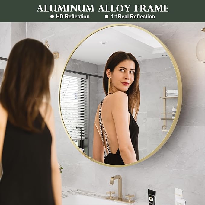 WallBeyond Bathroom Medicine Cabinet with Mirror, 28 Inch Gold Round Mirror Medicine Mabinet Wall Mounted with Aluminum Alloy Metal Framed, Surface Mount Medicine Cabinet with Storage