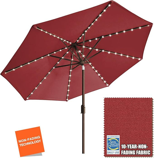 EliteShade USA 10-Year-Non-Fading Solar 9ft Market Umbrella with 80 LED Lights Patio Umbrellas Outdoor Table Umbrella with Ventilation, Burgundy