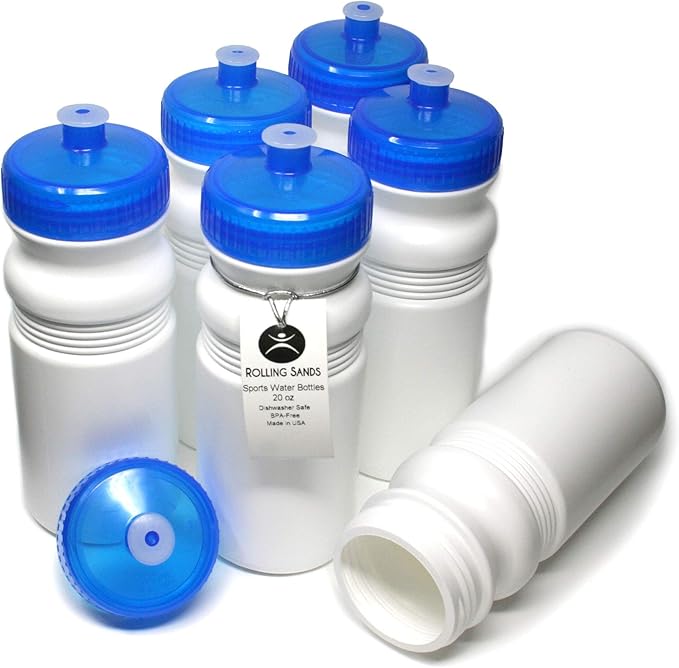 Rolling Sands 20 Ounce Sports Water Bottles 6 Pack, BPA-Free, Made In USA, Dishwasher Safe, White Bottles/Blue Lids
