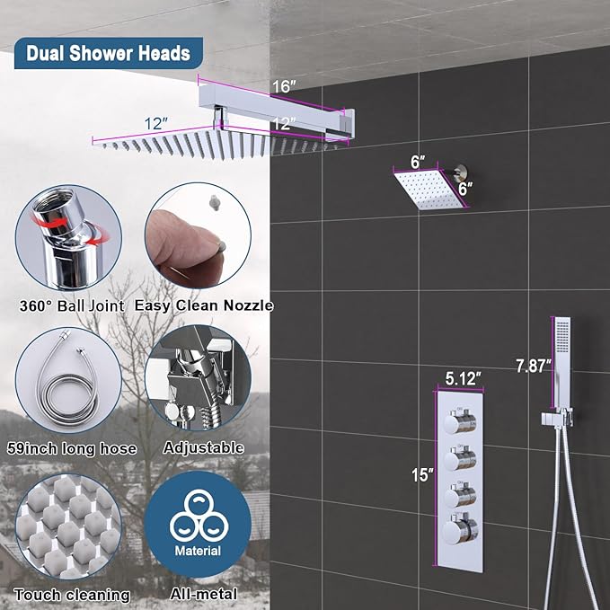 Enga Thermostatic Dual Shower System, 12"+6" Wall Mount Dual Rain Shower Faucet, All Functions Use Together & Volume Adjustable, Chrome