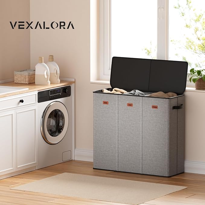 185L Laundry Hamper 3 Section, Laundry Hamper with Lid, Dirty Clothes Hamper with 3 Removable Washing Bags, Extra Large Laundry Basket Organizer for Bedroom, Laundry Room, Dorm - Gray