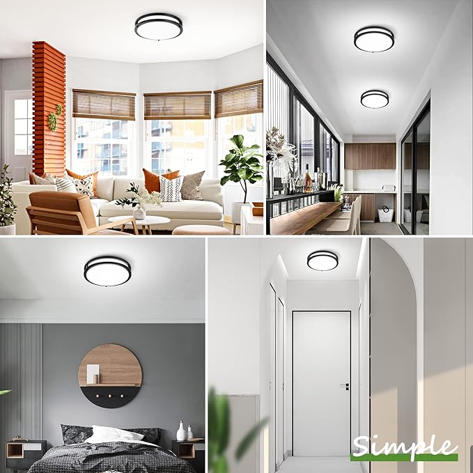 12 Inch Flush Mount Ceiling Lights, 36W 3000LM Black Dimmable Light Fixtures Ceiling Mount, 3000K-5000K Selectable Modern Kitchen Light Fixtures for Stairwell, Balcony, Corridor, Laundry (2-Pack)