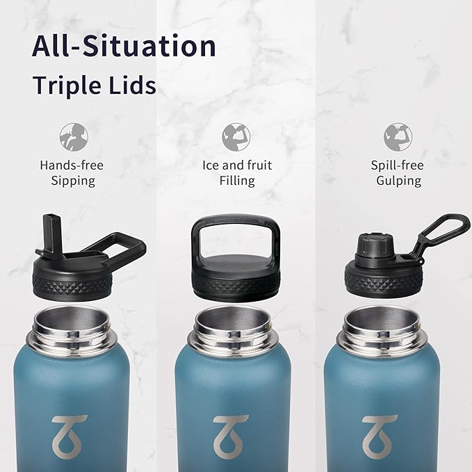 Trebo 32oz Water Bottle Insulated with Lid and Straw,Double Wall Vacuum Stainless Steel Metal Tumbler Sports Flask with Paracord Handle, Keep Cold 48 Hours Water Cup with 3 Lids, Indigo/Black