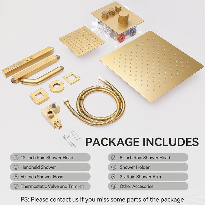 Brushed Gold Shower System, STARBATH Ceiling Mounted 12+8 Inch Rainfall Shower Head with 2 in 1 High Pressure Handhled, Can Use All at Once, Push Button Diverter Thermostatic Valve with Trim Kit