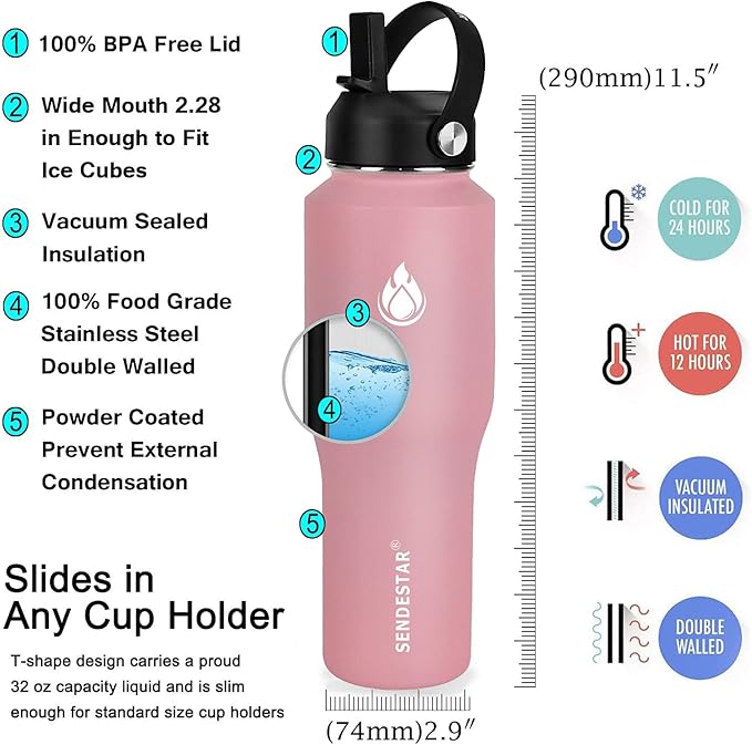 SENDESTAR Water Bottle 32oz,2 Lids(Straw lid),Wide Mouth Stainless Steel Vacuum Insulated Double Wall Keep Liquids Cold or Hot All Day,Sweat Proof Sport Design,Fit Car Cup Holder(Peach)