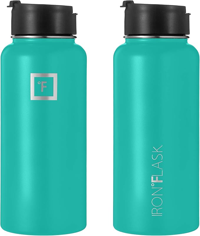 IRON °FLASK Sports Water Bottle - Wide Mouth with 3 Straw Lids - Stainless Steel Gym & Outdoor Bottles for Men, Women & Kids - Double Walled, Insulated Thermos, Metal Canteen - Aquamarine, 32 Oz