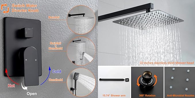 Shower Faucet Set Matte Black Shower System with 10 Inches Stainless Steel Rainfall Shower Head Pressure Balance Rough-in Valve Trim Kit Shower Fixture Combo Set,6012B