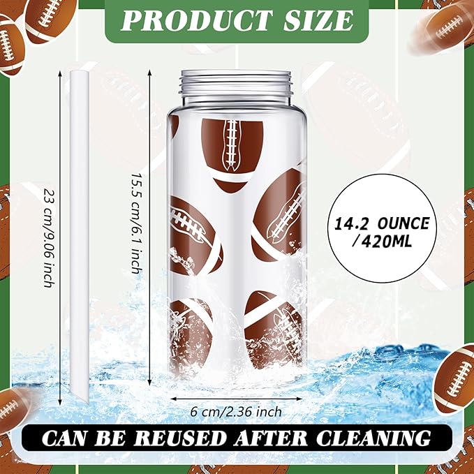 20 Pack Cups with Lid and Straw 14.2 oz Reusable Tumbler Clear Plastic Drinking Cups with 20 Pack Drawstring Bag for Birthday School Sport Decorations Party Supplies (Football)