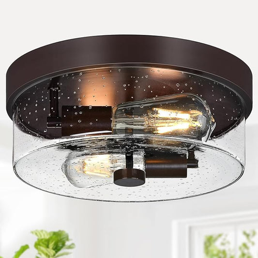 Flush Mount Ceiling Light Fixtures, 2-Light 12 Inch Brown Close to Ceiling Light Fixtures with Seeded Glass Shade Light Fixtures Ceiling Mount for Porch, Hallway, Bathroom, Dining Room and Foyer