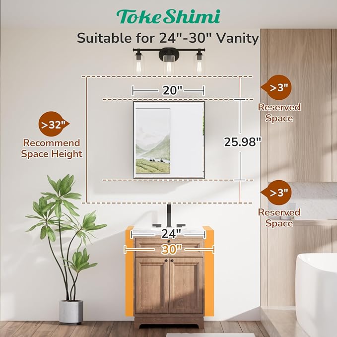 TokeShimi 20 x 26 Recessed Medicine Cabinet with Mirror Wall Mounted, Aluminum Alloy Black Medicine Cabinet Mirrored, Metal Beveled Mirror with Storage for Bathroom Vanity