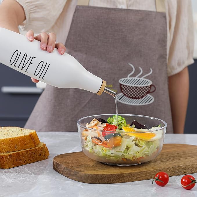 HOMCDALY Olive Oil and Vinegar Dispenser Set, 16oz Ceramic Oil Dispenser for Kitchen, Kitchen Dispenser Bottle for EVOO Vinegar Syrups, Modern Farmhouse Design | Set of 2 – P-White