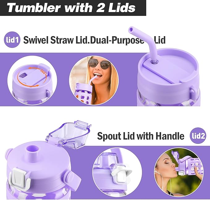 MUKOKO 32 oz Glass Tumbler with Straw,Glass Water Bottles with Time Marker,Iced Coffee Cup with 2 Lids-Handle Spout Lid&Straw Lid,Silicone Sleeve,Leakproof,1 Pack-Purple