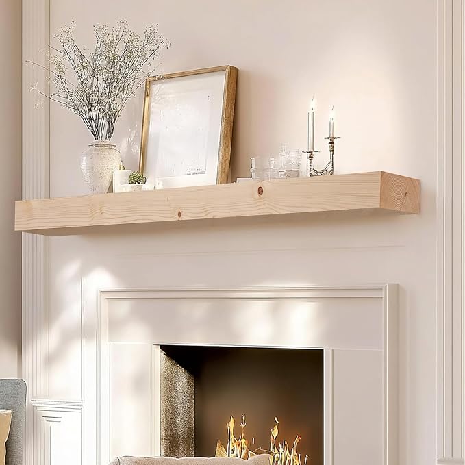 72x7x3 Fireplace Mantel - Solid Rustic Wood Wall Mounted Floating Shelf - DIY Color - with Invisible Heavy Duty Steel Bracket