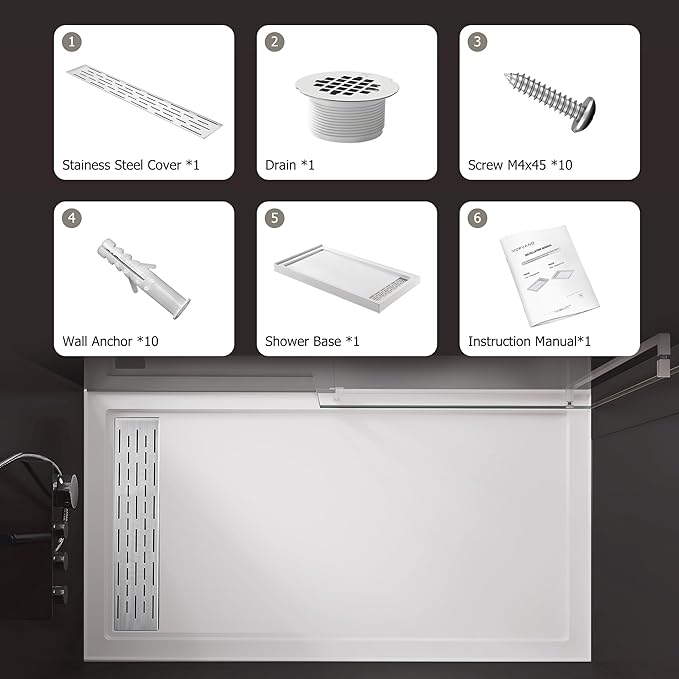 MORVANO Shower Base 60" x 32" Right Drain, Shower Pan Kit With Stainess Steel Cover, Non-Slip Acrylic in White, Brush Nickel for Bathroom