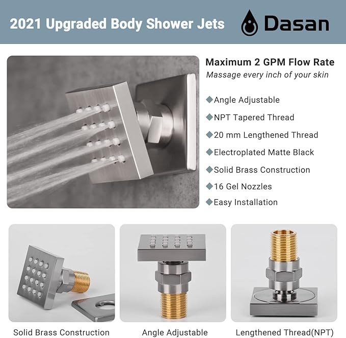 Brushed Nickel Shower System with 4 PCS Shower Body Spray Jets & 12’’ Ceiling Shower Head & Handheld Spray, DASAN Full Body Shower Faucet System with Jets Rainfall Shower Combo Set, SA-SS03BBN-S12C